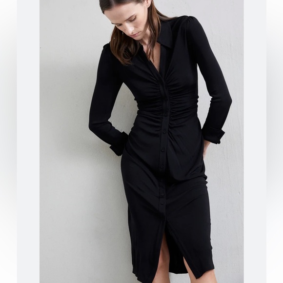 ZARA Sheska Black Stretch Dress Shirred Button Front V-neck Classic Longsleeve M - Picture 16 of 16